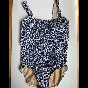 Lands’ End blue and white patterned swim suit. Size 12 NWT